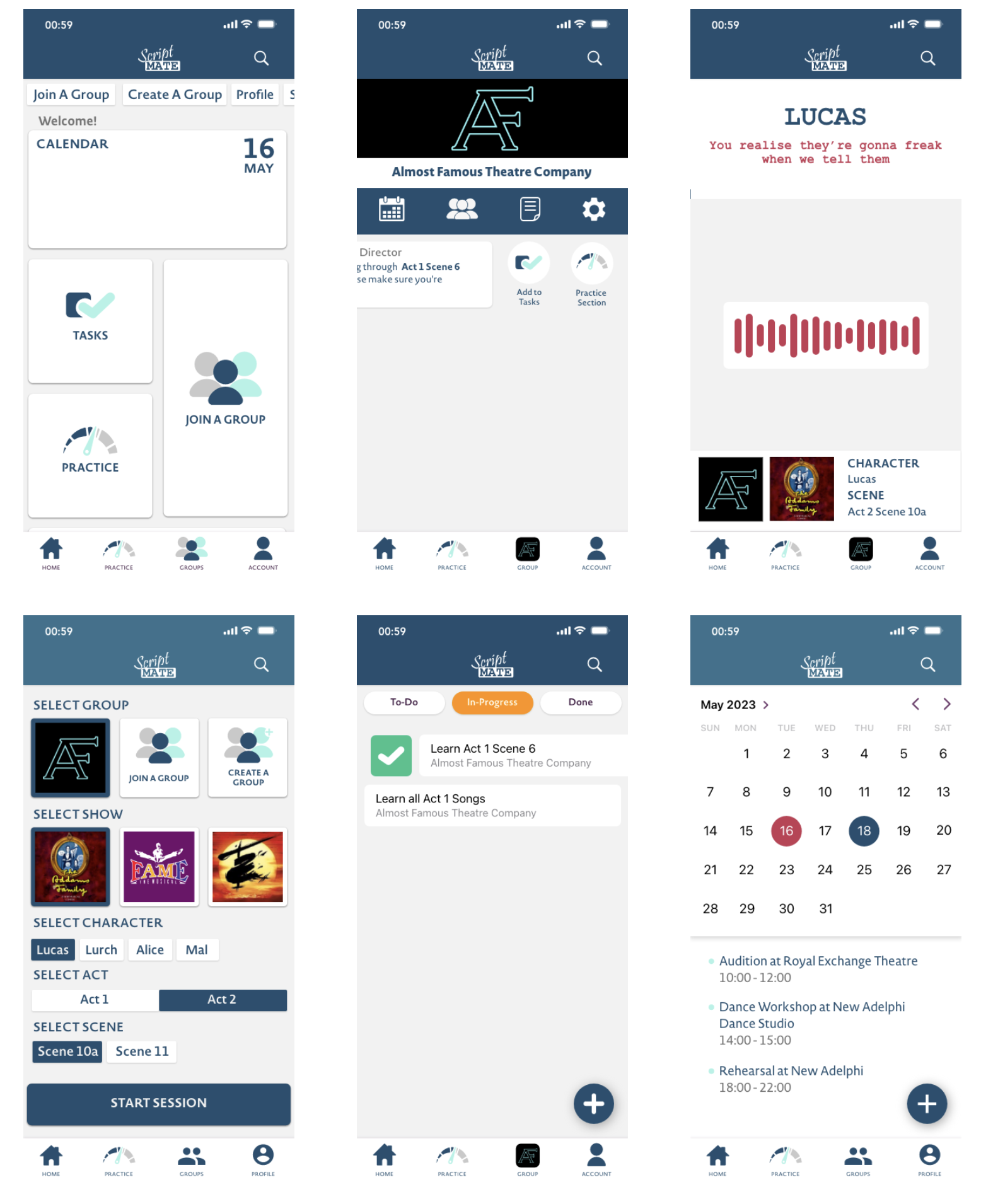 Overview of ScriptMate's final screen flow, including group and show selection, calendar, tasks, and the practice session setup.