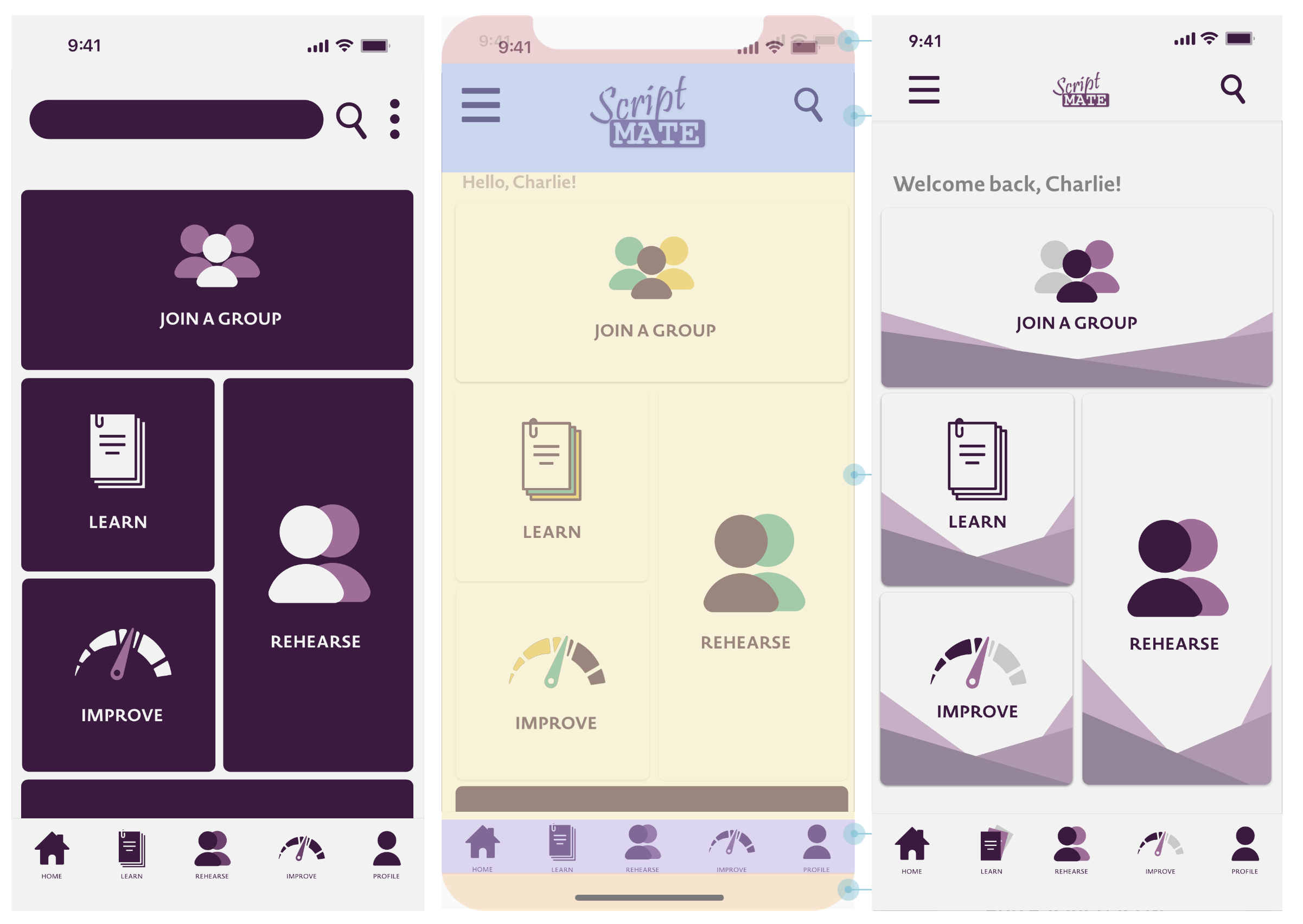 Three iterations of ScriptMate's home screen: from the original dark monochromatic menu, through a brighter accent-colour version, to the final illustrated layout with the ScriptMate logo.