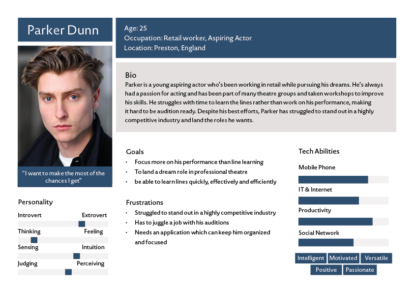 Persona for Parker Dunn, an aspiring actor balancing retail work with auditions, used to ground ScriptMate's design decisions around line-learning and rehearsal scheduling.