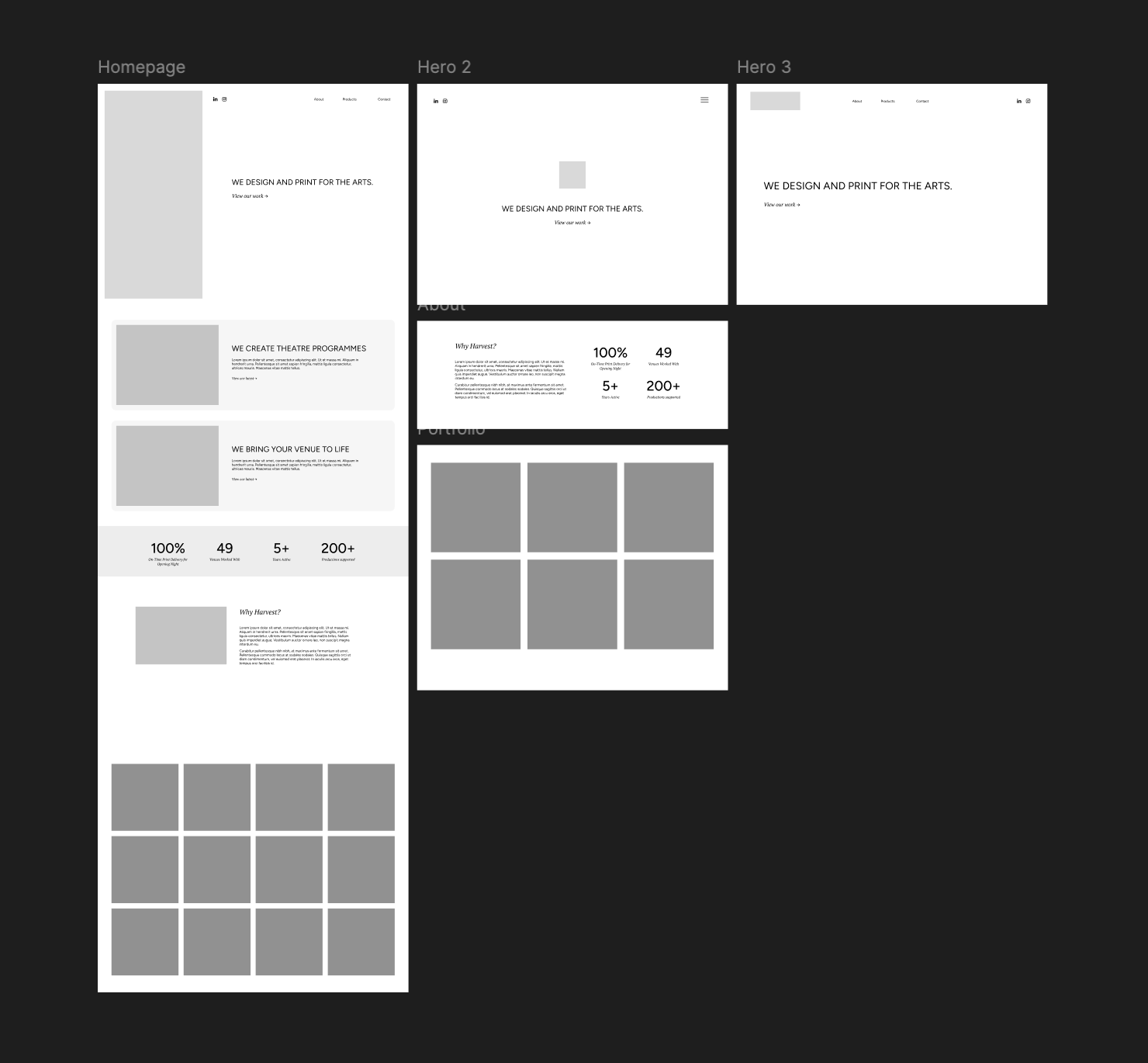 Three homepage layout explorations in Figma, each with different structural logic, tested with colleagues before a direction was chosen.