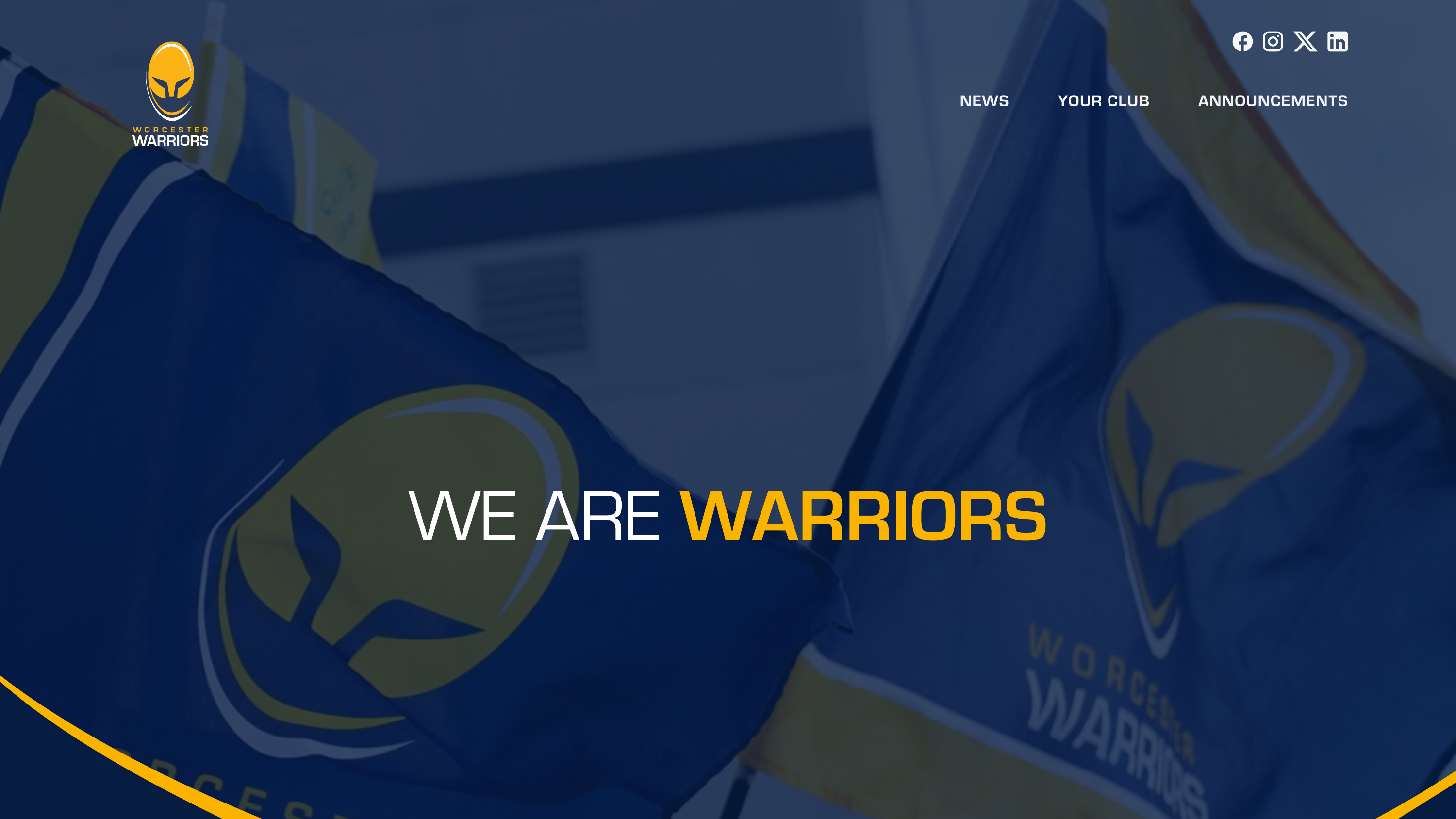 Warriors homepage: "We Are Warriors" hero, latest news, and the shared footer linking back to Sixways.