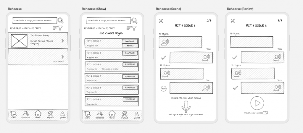 Lo-fi Wireframes for the rehearsal section of the app